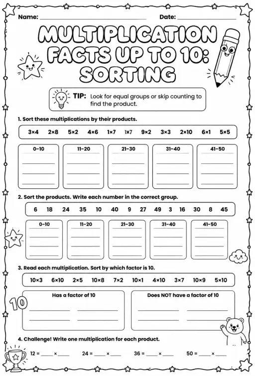 Multiplication facts up to 10: sorting