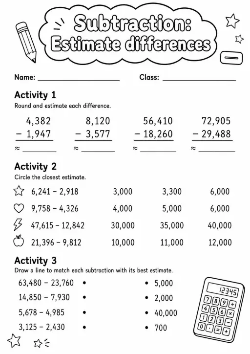 Grade 4 Subtraction Math Worksheet Pack
