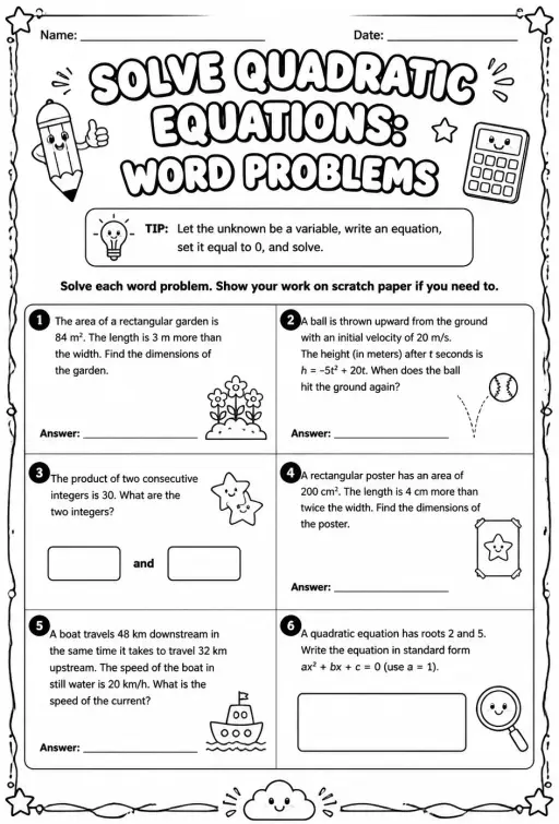 Solve quadratic equations: word problems