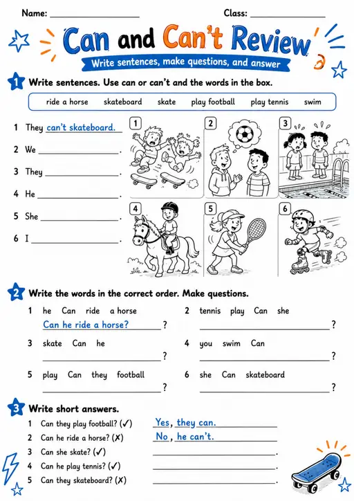 Can And Can'T Review | Grades 2-3 Grammar Worksheet