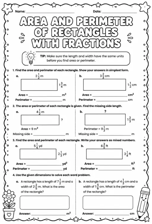 Area and perimeter of rectangles with fractions