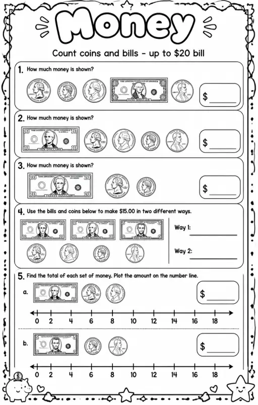 Count coins and bills - up to $20 bill