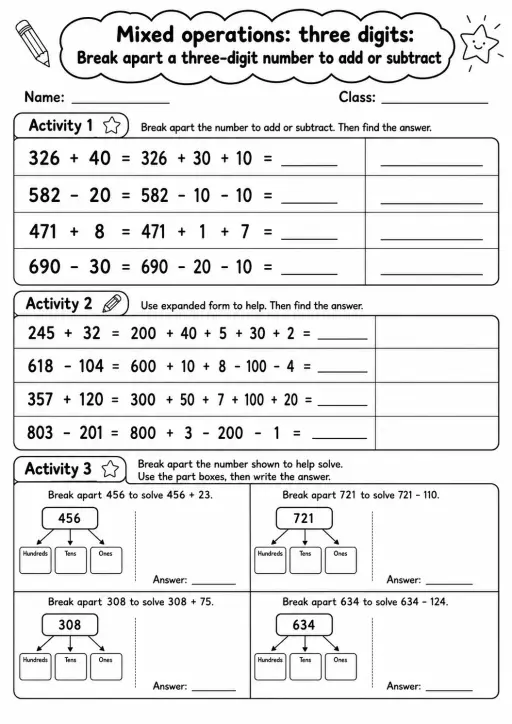 Grade 2 Mixed Operations: Three Digits Math Worksheet Pack