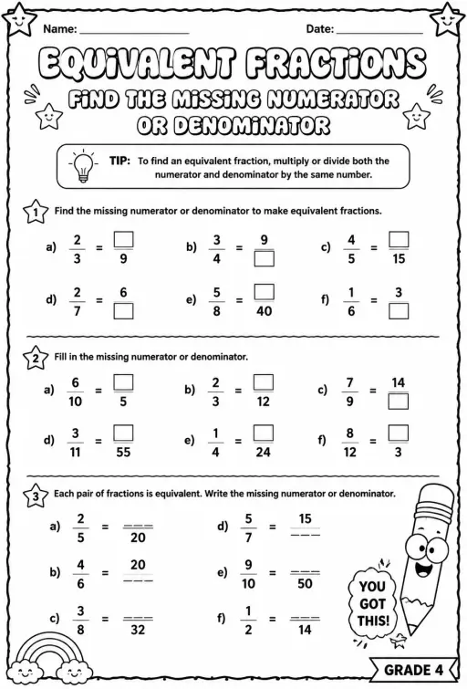 Equivalent fractions: find the missing numerator or denominator