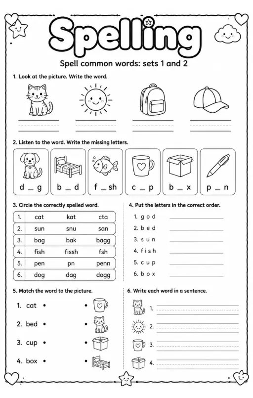 Spell common words: sets 1 and 2
