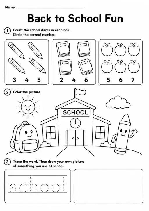Back to School Worksheet — Kindergarten