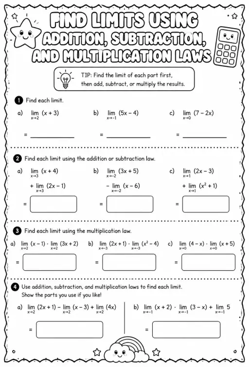 Find limits using addition, subtraction, and multiplication laws