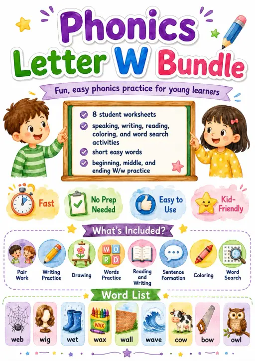 Letter W Phonics Worksheets Pack