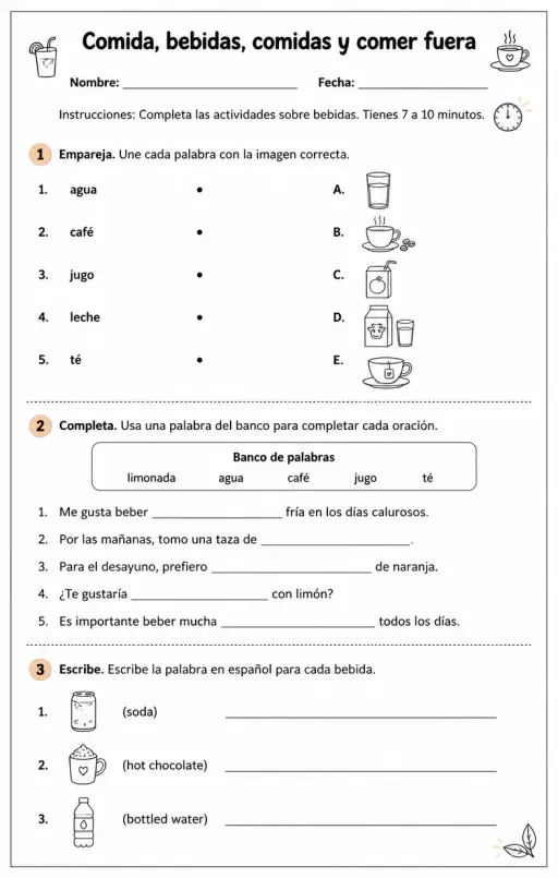 Reconocer palabras, frases o oraciones en español relacionadas con bebidas.