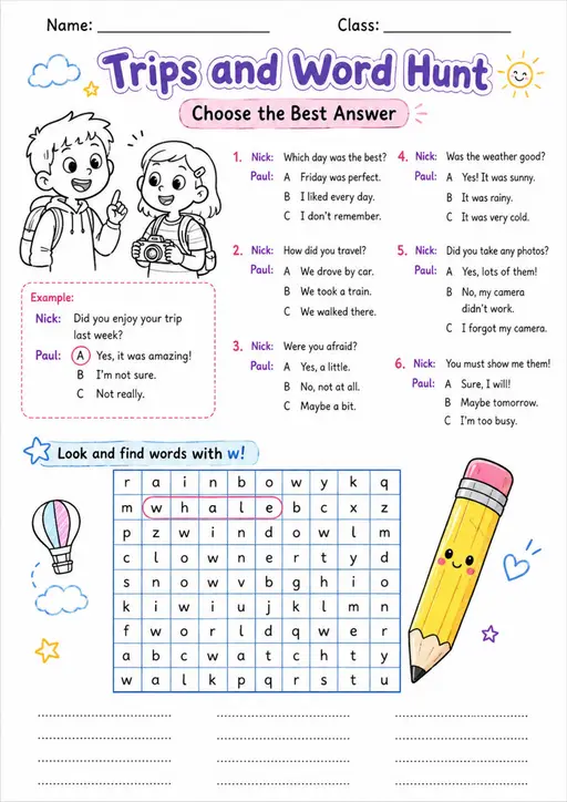 Cambridge MOVERS - Trips and Word Hunt | Free Worksheet