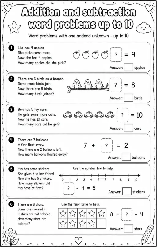 Word problems with one addend unknown - up to 10