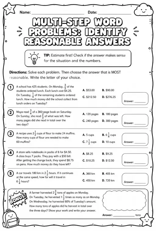 Multi-step word problems: identify reasonable answers