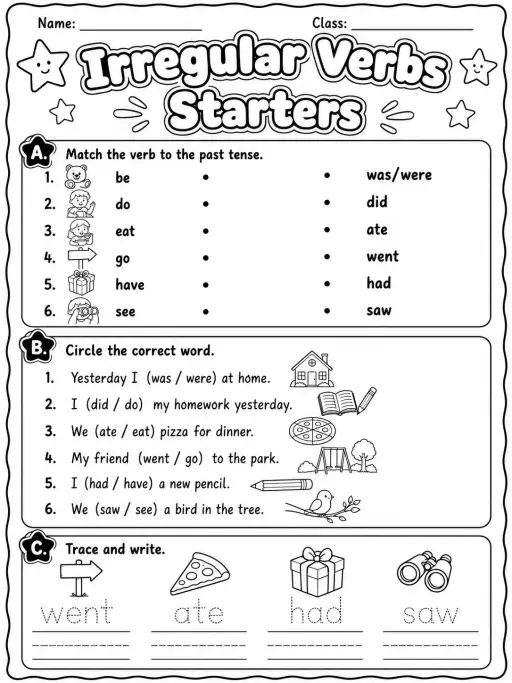 Irregular Verbs Starters Vocabulary Worksheet Pack