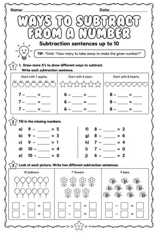 Ways to subtract from a number - subtraction sentences up to 10