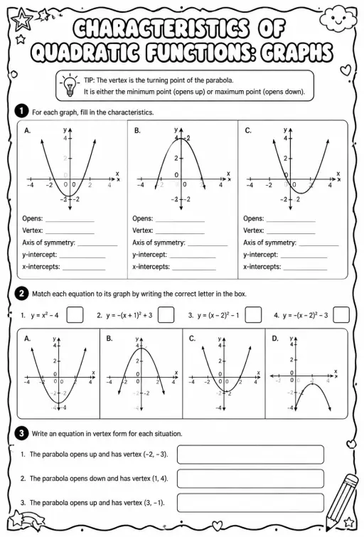 Characteristics of quadratic functions: graphs