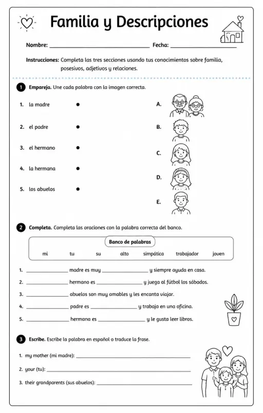 Describir personas usando posesivos, adjetivos y lenguaje básico de relaciones.