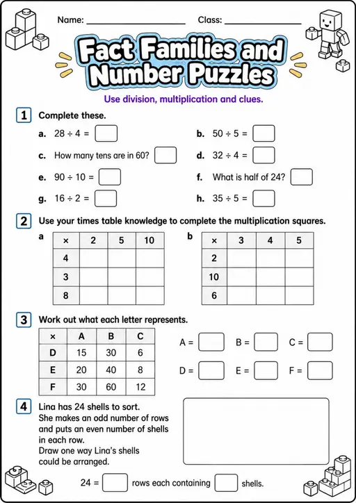 Fact Families and Number Puzzles - Grade 3 Math Worksheet
