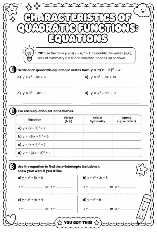 Characteristics of quadratic functions: equations