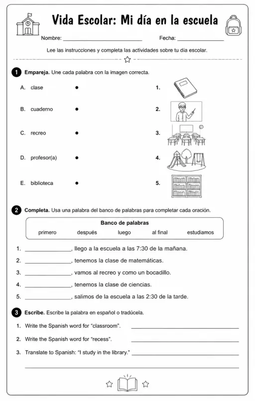 Describir un día escolar con tiempo, lenguaje ordinal y acciones del aula.