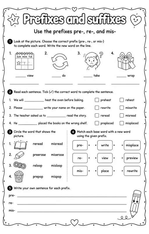 Use the prefixes pre-, re-, and mis-