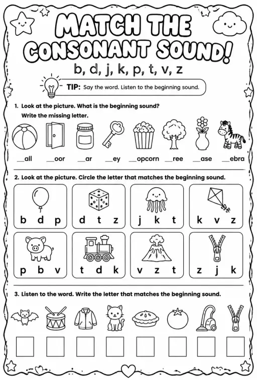 Choose the letter that matches the consonant sound: b, d, j, k, p, t, v, z