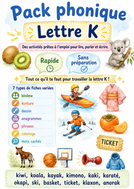 French Letter K Phonics Worksheets Pack