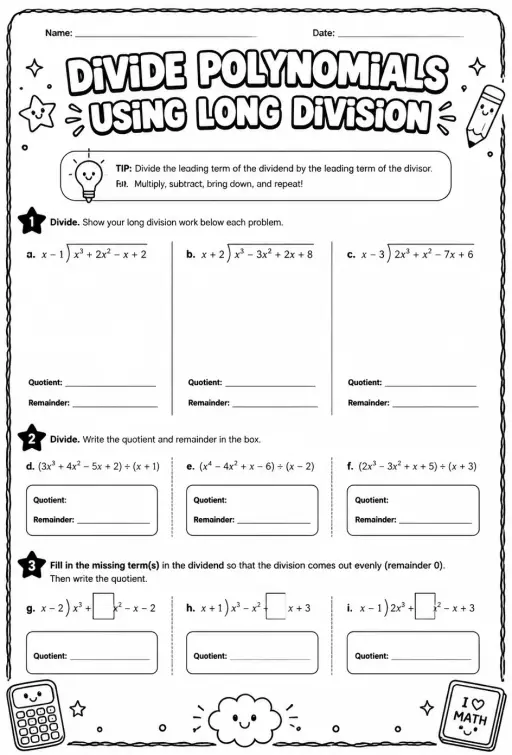 Divide polynomials using long division