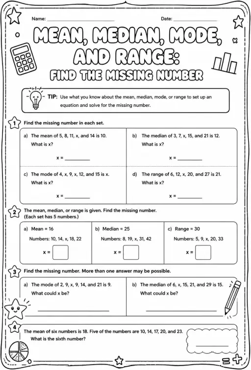 Mean, median, mode, and range: find the missing number