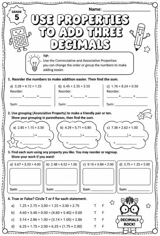 Use properties to add three decimals