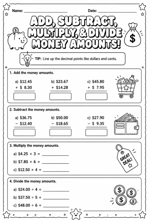 Add, subtract, multiply, and divide money amounts