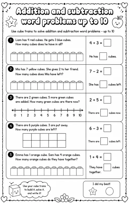 Use cube trains to solve addition and subtraction word problems - up to 10
