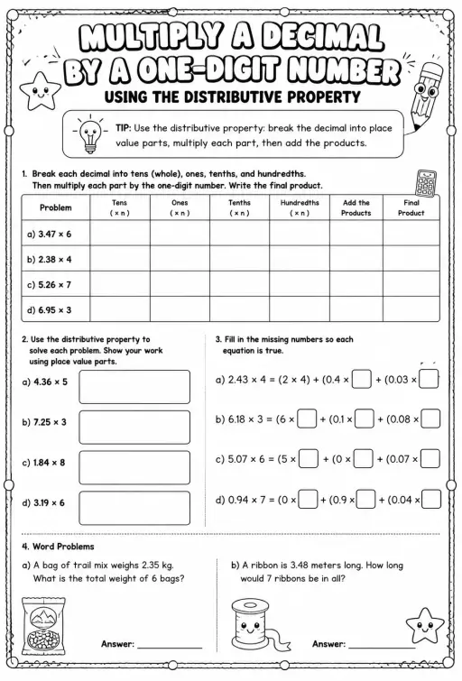 Multiply a decimal by a one-digit whole number using the distributive property