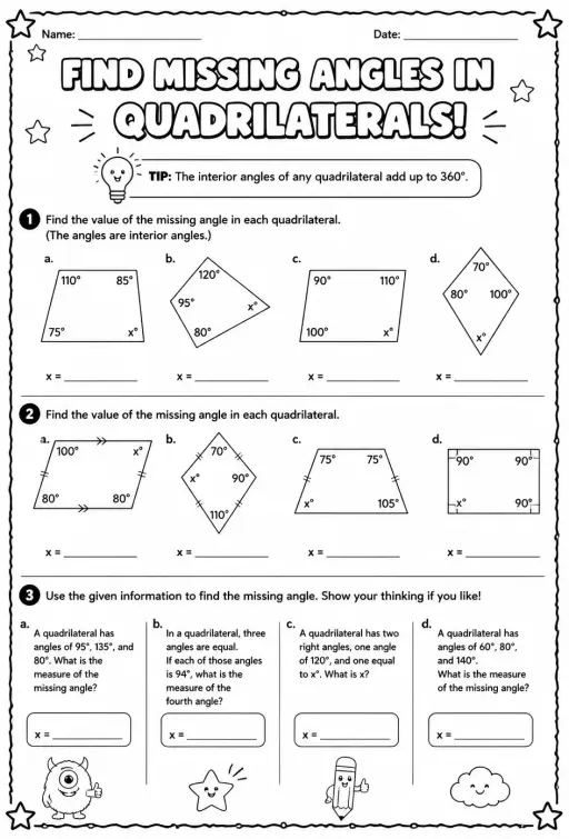 Find missing angles in quadrilaterals