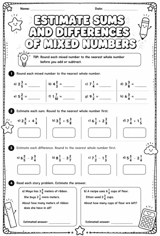 Estimate sums and differences of mixed numbers
