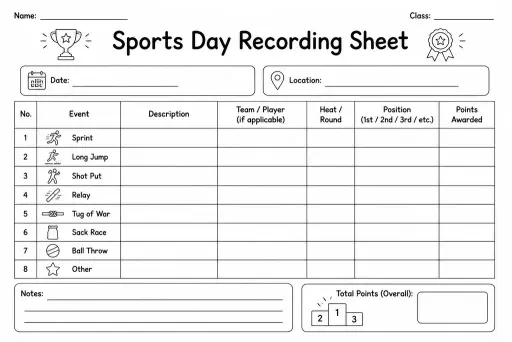 Sports Day Recording Sheet