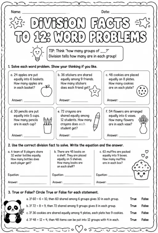 Division facts to 12: word problems