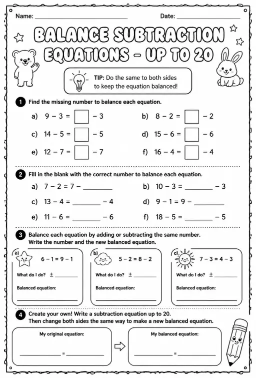 Balance subtraction equations - up to 20