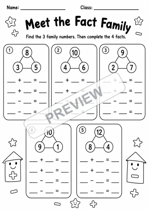 Addition and Subtraction Fact Family Practice Pack | 5 Worksheets | Grades 1-2