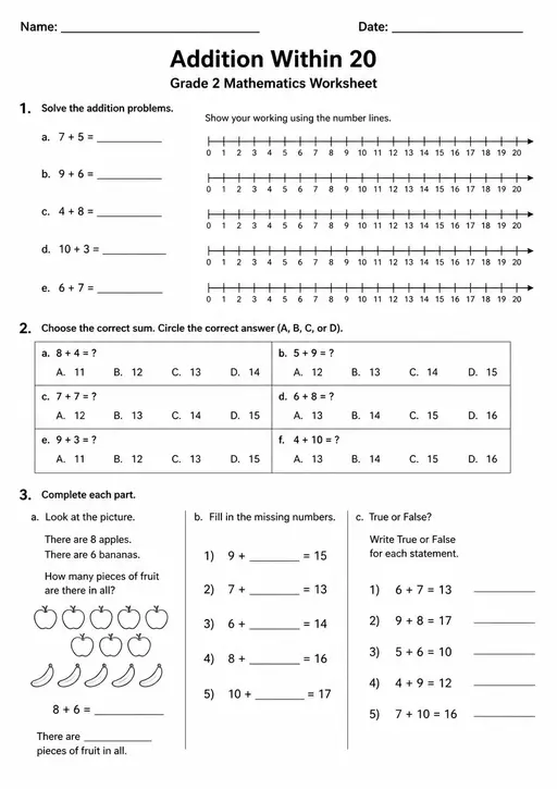 Free Printable Grade 2 Addition Within 20 Worksheet