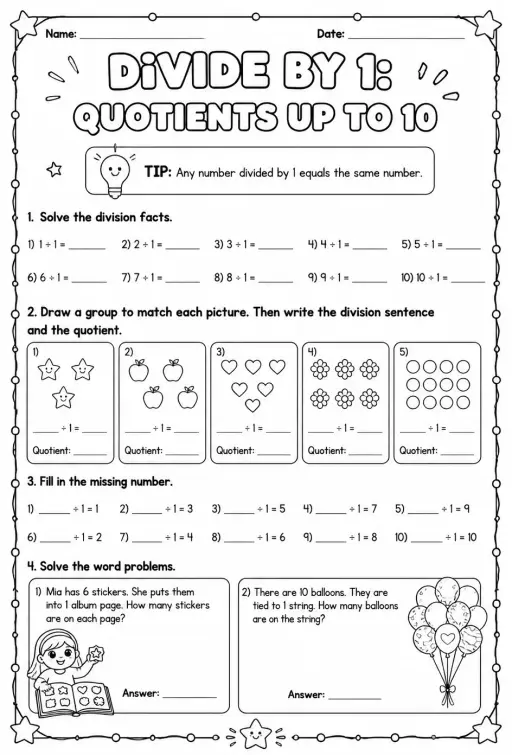 Divide by 1: quotients up to 10