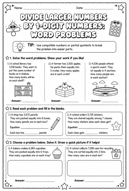 Divide larger numbers by 1-digit numbers: word problems