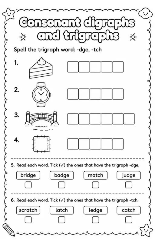 Spell the trigraph word: -dge, -tch