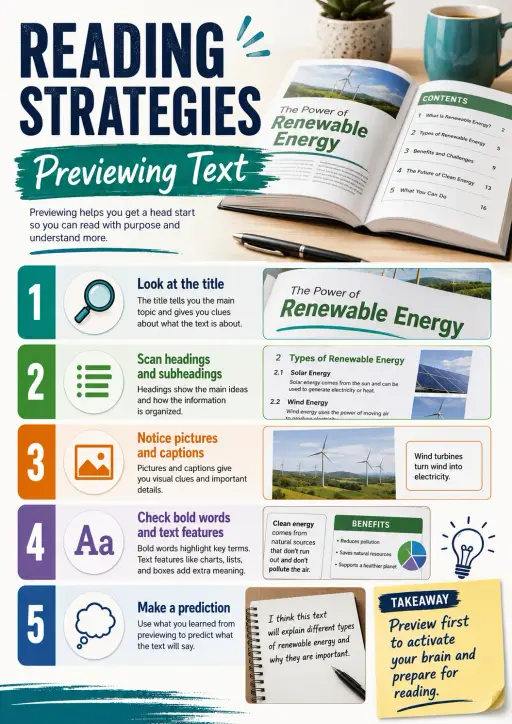Previewing text Reading Strategies Infographic