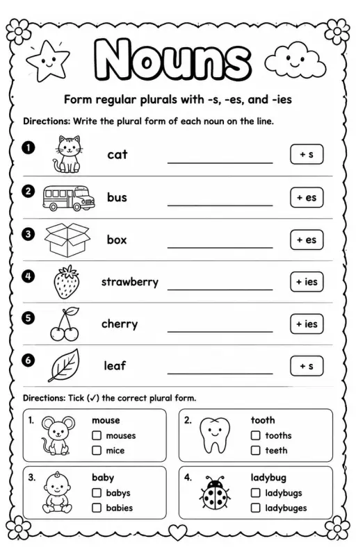 Form regular plurals with -s, -es, and -ies