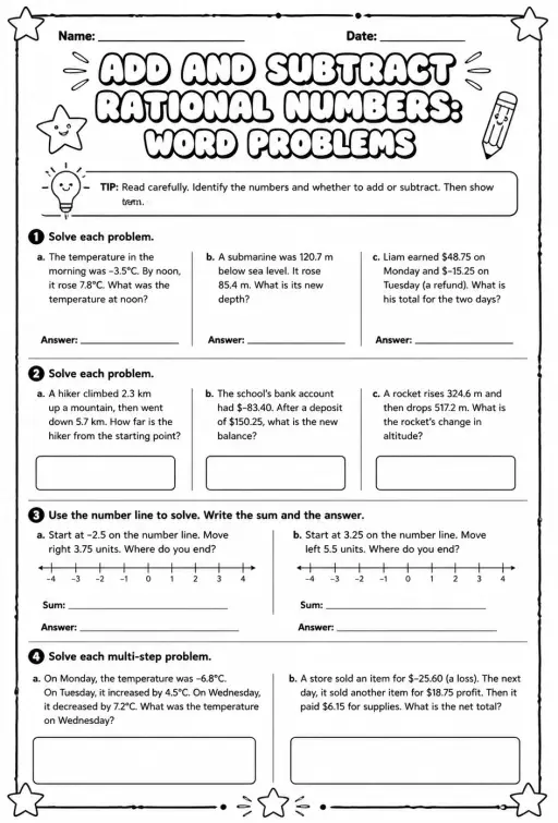 Add and subtract rational numbers: word problems