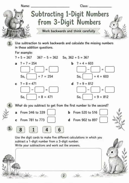 Subtracting 1-Digit Numbers from 3-Digit Numbers - Grade 3 Math Worksheet - grade 3 Calculations and multi-step problem solving
