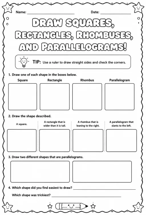 Draw squares, rectangles, rhombuses, and parallelograms