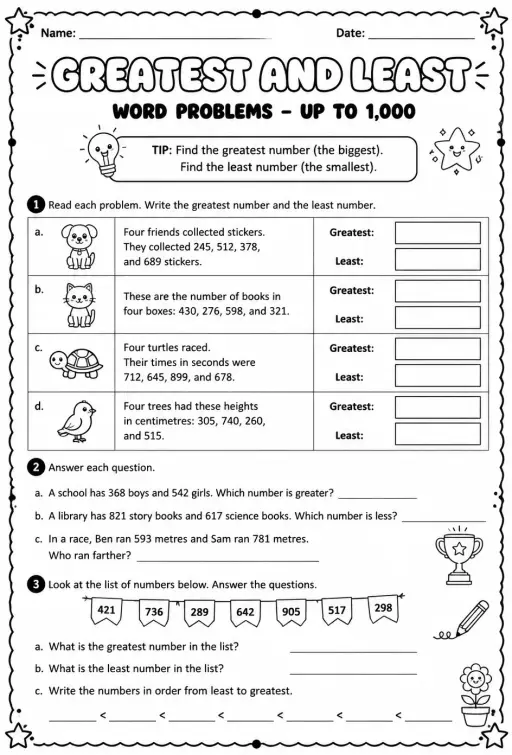 Greatest and least - word problems - up to 1,000