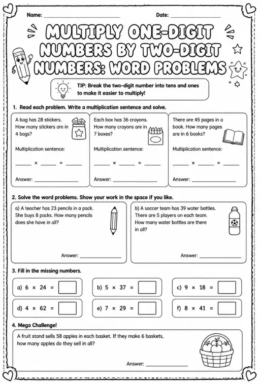 Multiply one-digit numbers by two-digit numbers: word problems