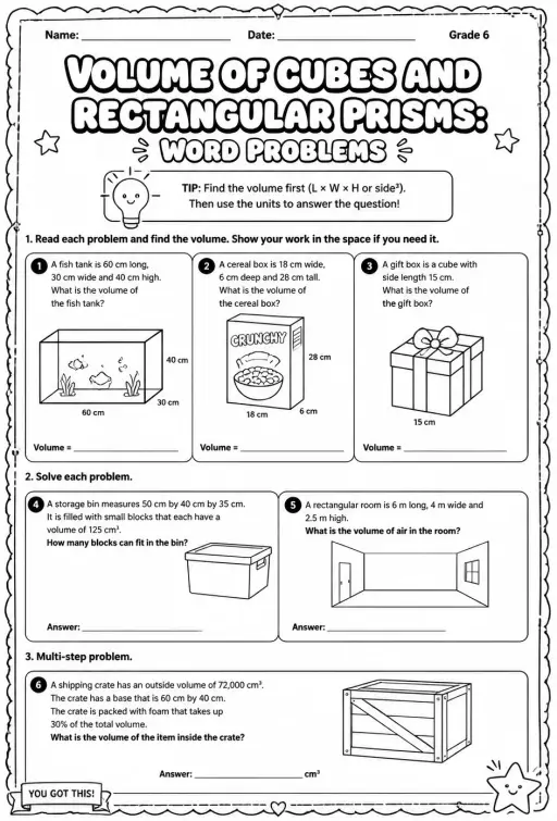 Volume of cubes and rectangular prisms: word problems